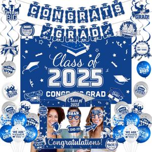 Blue and White Congrats Grad Banner Class of 2025 Decorations Graduation Decorations 2025 Grad Party Decor 2025 Graduation Balloons Backdrop Hanging Swirls Photo Props