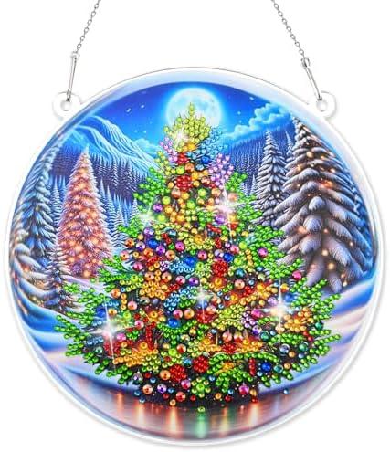 Diamond Art Hanging Kit for Adult, Painting Hanging Ornament Kit, Special Shaped Rhinestone,DIY Acrylic 5D Diamond Art Window Pendants Home Garden Wall Kits Hanging,Double Sided (Chrismas Tree)