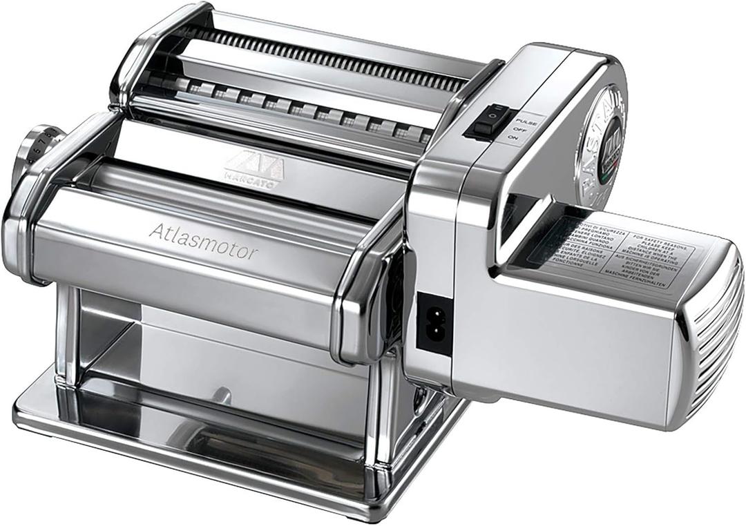 MARCATO Made in Italy Atlasmotor 110V Electric Pasta Machine, Chrome Steel. Set includes Atlas 150, handcrank, clamp, Pastadrive motor, and instruction manual (21 x 34 x 18 cm)
