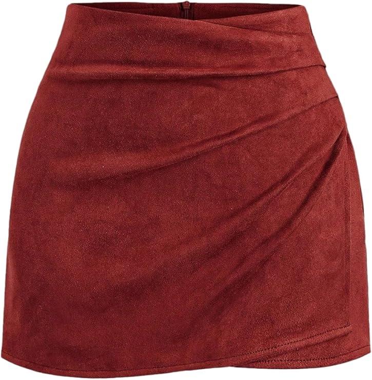 MakeMeChic Women's Suede Skirt Ruched Zip Back Bodycon Vintage Wrap Y2K Short Skirts (Medium)