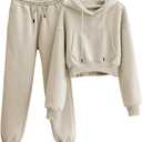 Tanming Women 2 Piece Outfits Sweatsuits Crop Pullover Fleece Sweatshirt Jogger Pants Lounge Set (Small, Khaki)