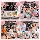 50th Birthday Decorations for Women - Rose Gold 37Pcs All-in-One Party Kit with Banner, Backdrop, Tiara, Sash, Cake Topper, Latex Balloons, Hanging Swirls, Centerpieces
