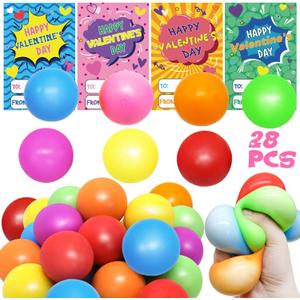 28Pcs Valentines Cards with Stretchy Balls, Fidget Stress Squeeze Balls for Kids School Valentines Party Favors Exchange Gifts