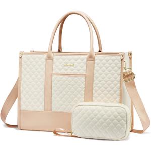 LOVEVOOK Laptop Bags for Women, 17 inch Waterproof Work Tote Bag with Clutch, Professional Teacher Computer Purse Lightweight Shoulder Bag Travel, Quilted Beige & Brown