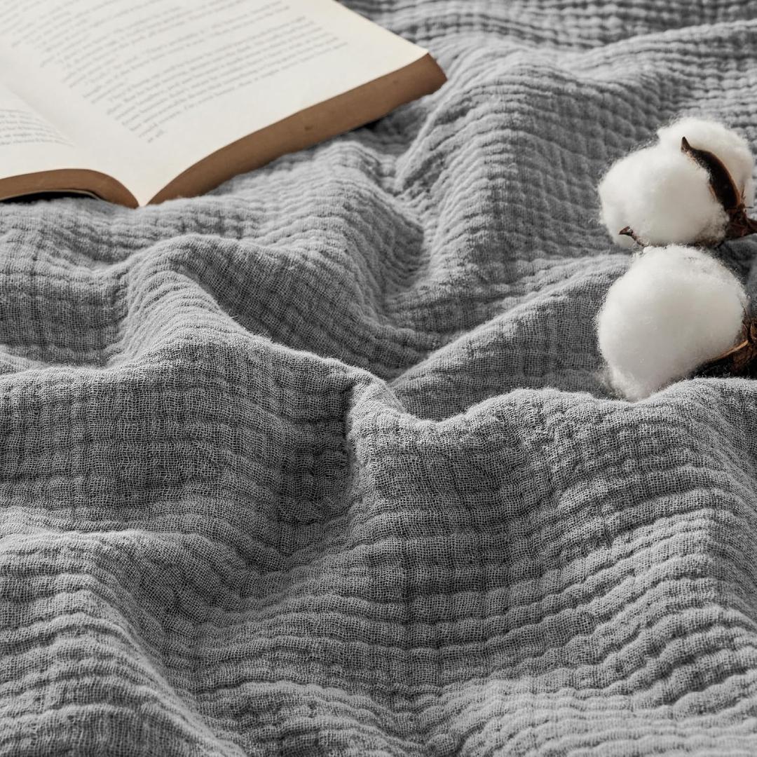 Bedsure 100% Cotton Muslin Throw Blanket Large 50x70 Inches - 4-Layer Breathable and Lightweight Thin Soft Summer Gauze Muslin Blankets for Adults, Grey, Boho Cotton Throw for Couch