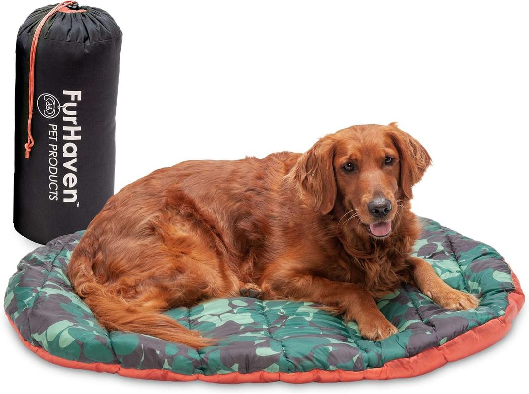 Furhaven Outdoor Travel Dog Bed for Large/Medium Dogs w/ Carry Bag, Washable & Foldable, Great for Crates & Kennels - Trail Pup Travel Pillow Mat w/ Stuff Sack Bag - Paprika/Camo-Paw, Large (39.0"L x 27.0"W x 2.0"Th)
