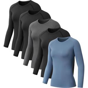 5 Pack Women's Compression Shirt Long Sleeve Workout Tops Athletic Baselayer Quick Dry Gym Yoga Running T-Shirt (X-Large, 3black+grey+blue)