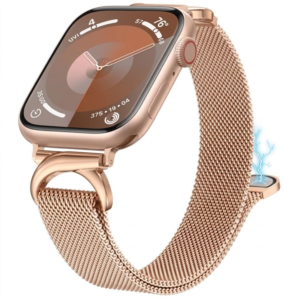 BEEXI Stainless Steel Loop Compatible with Apple Watch Band 38/ 40/ 41mm, Women Elegant Metal Mesh Magnetic Slim Strap with C-Shape Clasp for iwatch SE Series 9/ 8/ 7/ 6/ 5/ 4/ 3/ 2/ 1 Ultra 1/ 2 (Rose Gold)