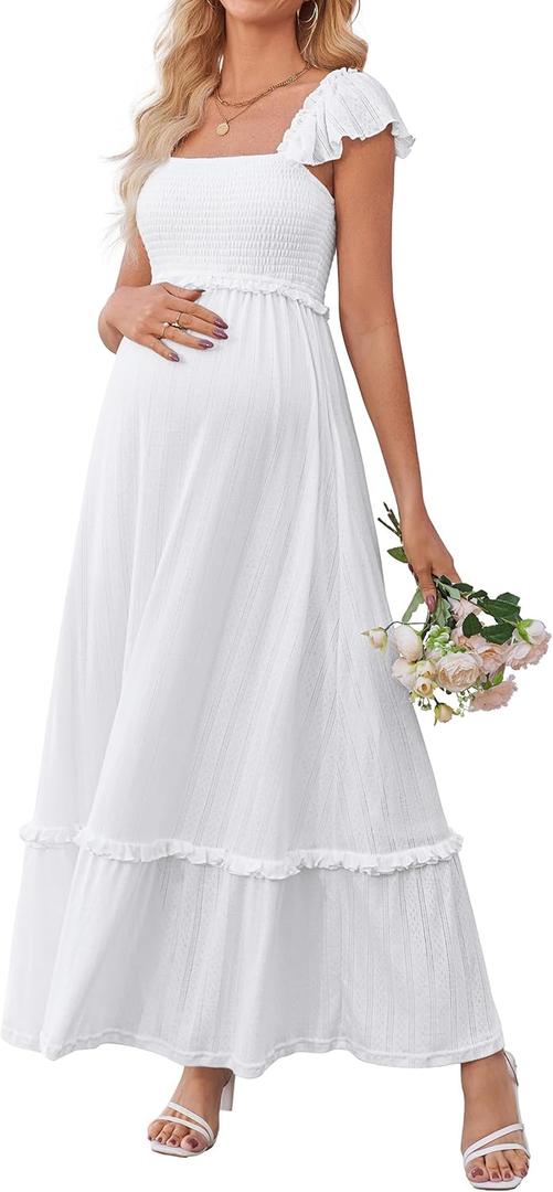 OUGES Womens 2026 Summer Maternity Photoshoot Dress Boho Maxi Smocked Baby Shower Dress Ruffle Sleeve Maternity Clothes (Medium, White)