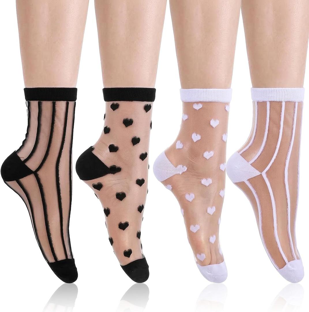 4 Pairs Sheer Socks Women Lace Socks Summer Cool Cute Crew Sock Thin Lace Mesh Casual See Through Sock