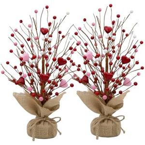 Valentine's Day Artificial Heart Berry Tree Decor - 1 Pack 16-Inch Red & Pink Valentine's Day Table Centerpieces for Valentines Day Indoor Decorations