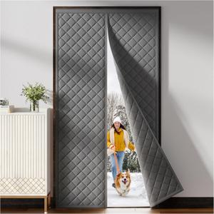 Magnetic Thermal Insulated Door Curtain Fit Door Size 36" x 80", Quilted Oxford Fabric Thicken Cotton Fill, Winter Cover Keep Cold Draft Out, Blanket Insulation for Front Patio Doors Gray