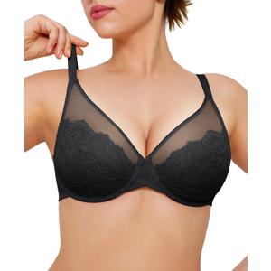 Popilush Minimizer Bras for Women Plus Size Full Coverage Lace Underwire Support Push Up Bra for Heavy Breast Everyday Wear (42D, Black)
