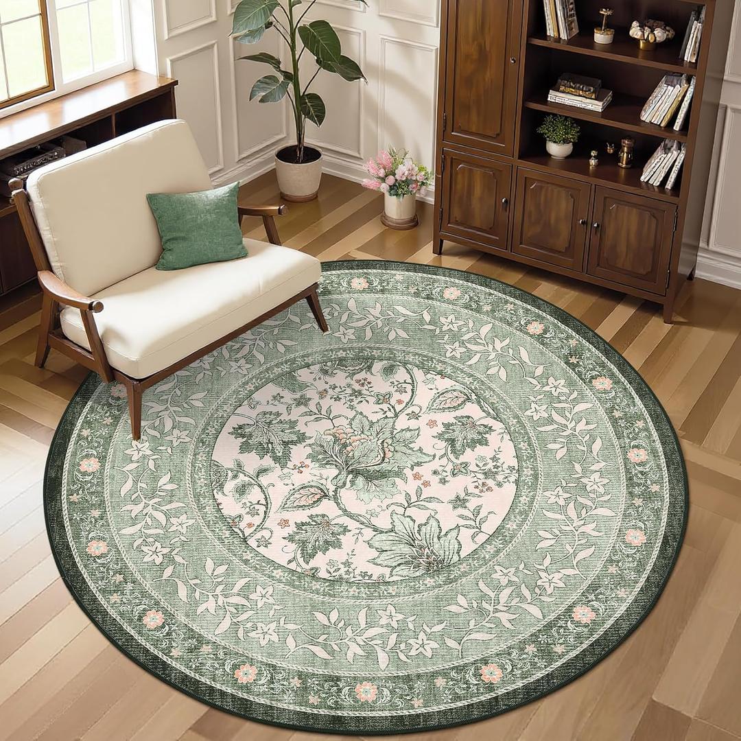 GarveeHome Sage Green Botanical Grove 4ft Round Rug, Small Circle Vintage Cottagecore Soft Low-Pile Non-Slip Washable Rugs for Living Room Bedroom Nursery Kitchen Retro Carpet