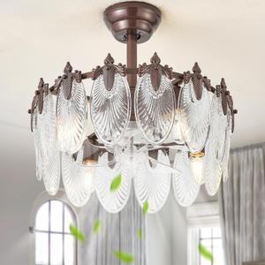 20 Inch Brown Crystal Fandelier Ceiling Fan with Light, Vintage Brown Ceiling Fans with Lights Remote Control, Caged with 6 Speeds for Bedroom, Nursery, Living Room
