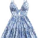 MakeMeChic Women's Spaghetti Strap Backless Cami Dress Cut Out Ruffle Tiered A Line Summer Mini Dresses Sundress (Light Blue White) S
