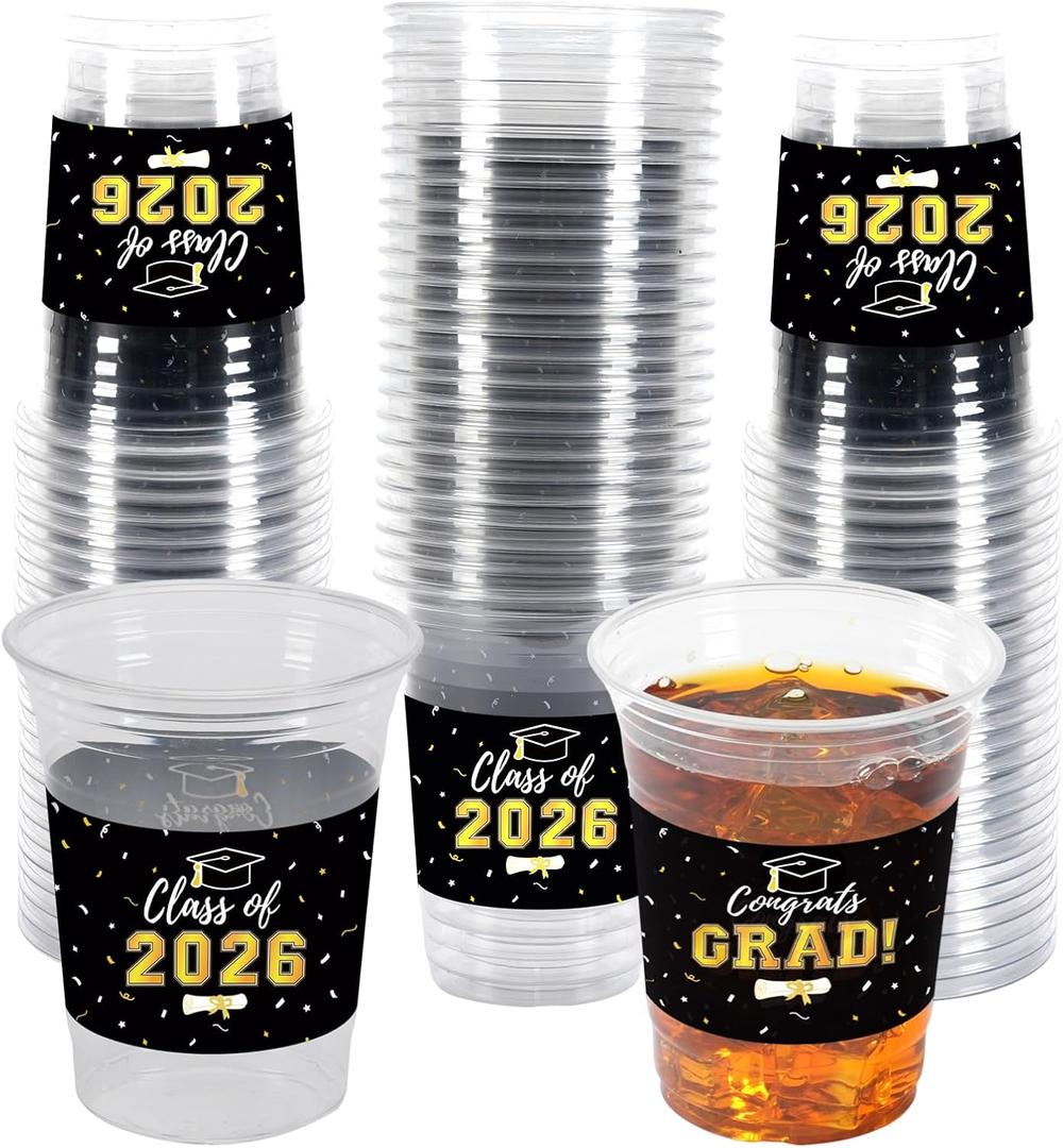 Labrostar 50Pcs Graduation Decorations 2026 Disposable Graduation Cups Congrats Grad Class of 2026 Decorations Graduation Party Supplies 16oz Black, Black03