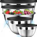 DUTZUN Mixing Bowls with Lids Set, Stainless Steel Mixing Bowls with Colander, Strainer with Mixing Bowl Set, Serving Bowl Kitchen Gift, Size 4.5, 2.5, 2, 1.5QT - Black