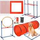 Dog Agile Training Equipment Set Outdoor Indoor,70" Tunnel + Tire Jump + Hurdle Jump, Weave Poles, Pause Box, 2 Toy Balls, 1 Whistle, Carry Bag, Premium Dog Obstacle Course Kit (87-Piece)