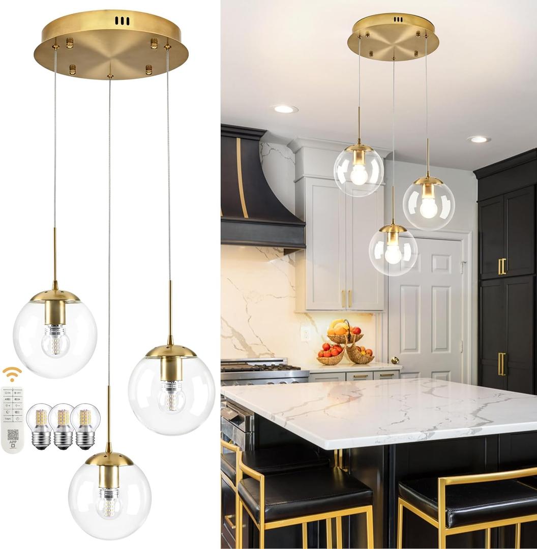 KoKo&Yukina 3-Light Globe Glass Pendant Light Modern Gold Clear Globe Glass Chandelier Adjustable Length Pendant Lights Fixtures High Ceiling Light for Kitchen Island Foyer (Bulb & Remote Incl.)