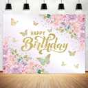 Pink Rose Gold Birthday Backdrop for Women,Flower Butterfly Party Decorations Backdrop Photography for Girls Floral Glitters Banner, Happy Birthday Cake Dessert Table Party Photo Backdrop 7X5FT