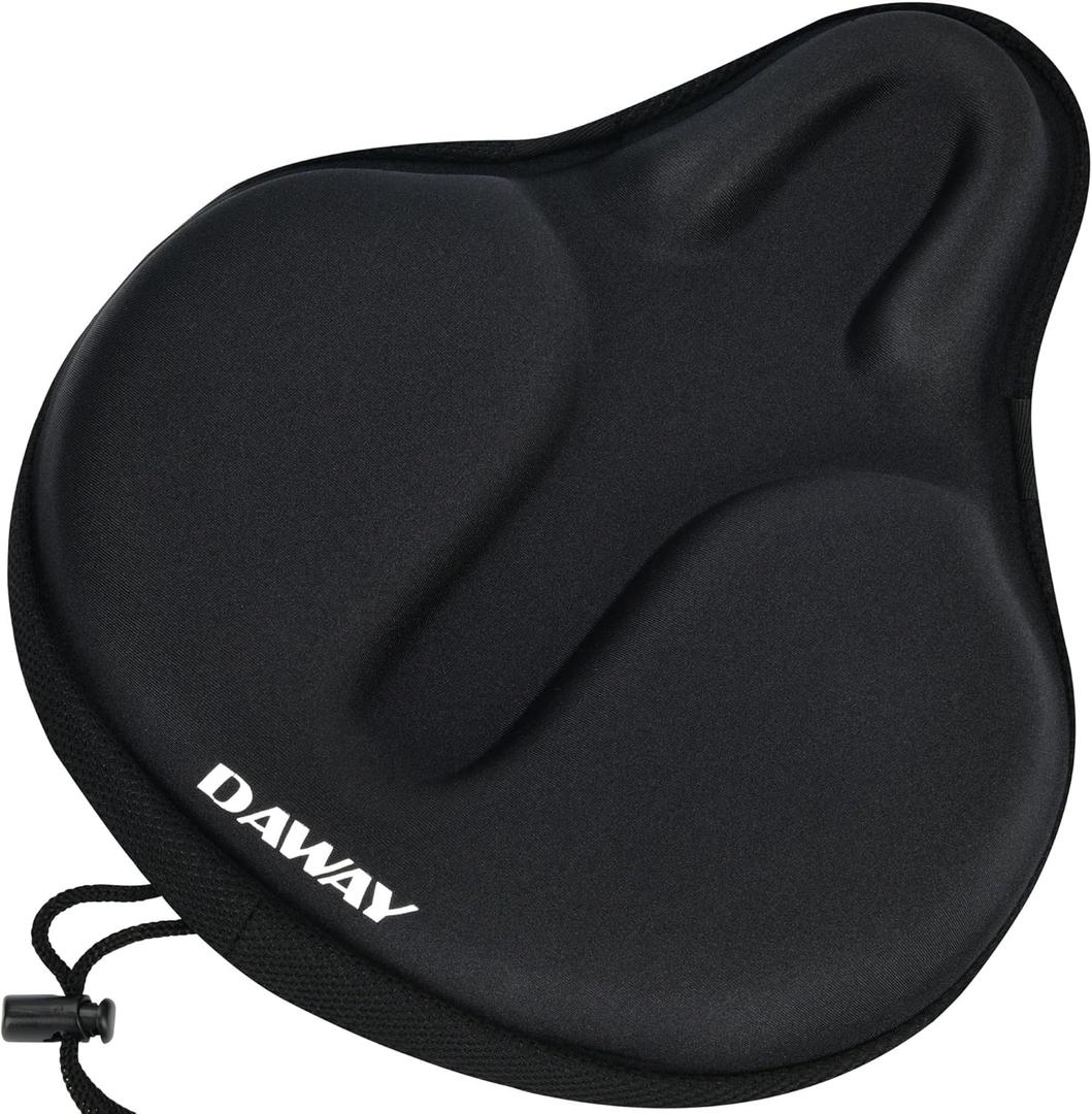 DAWAY Comfortable Bike Seat Cover - Silicone Gel & Memory Foam Padded Bike Seat Cushion for Men Women - Soft Bicycle Saddle Cover for Peloton, Stationary Exercise, Mountain Road Bikes - Large (L - 11.81 x 10.63 inches (L*W), Black, C6)