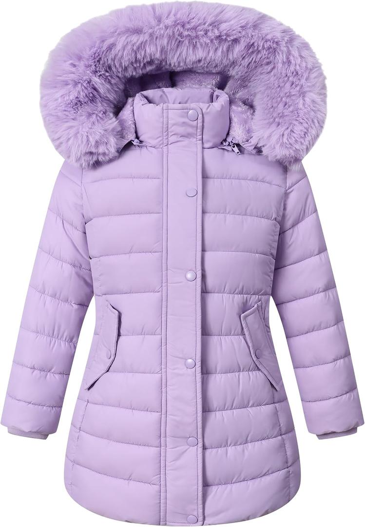 Girls Long Puffer Winter Coat Kid's Removable Hood Parka Jacket | Waterproof Polyester Outer, Soft Fleece Lined, Adjustable Cuffs, Lightweight Warm Jacket for Daily Outdoor Activities (Purple) Size 9-10