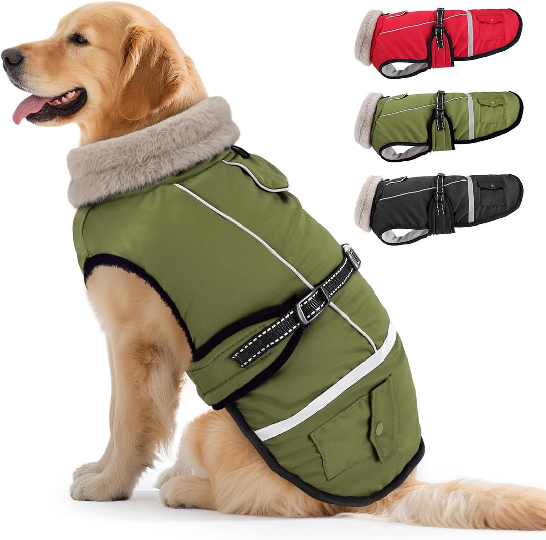 Dog Coat, Warm Dog Winter Coat Reflective Jacket Waterproof Fleece Vest, Pet Jacket Cozy for Cold Weather, Dogs Snowsuit Windproof, Adjustable Buckle for Large Dogs (Green)