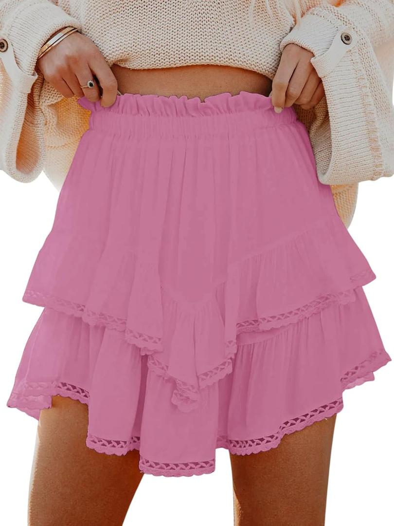 Flowy Shorts for Women Casual Boho Ruffle Tiered Skorts High Waist Mini Skirts Golf Tennis Crochet Shorts (Large, Mauve Pink)