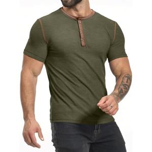 PLEPAN Mens Henley Shirts Crewneck Short Sleeve Casual Cotton T-Shirts with Contrast Color Collar L