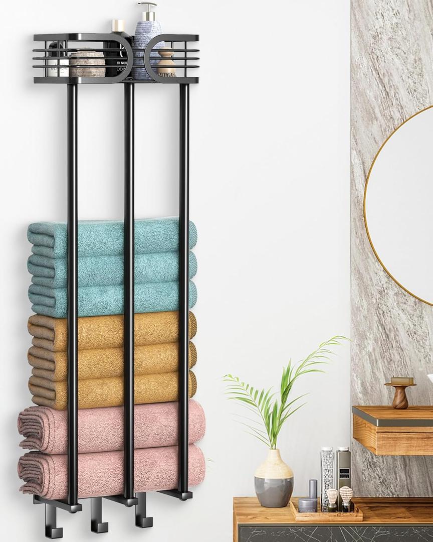 ENONCI Towel Rack Wall Mounted, Towel Storage for Bathroom，Towel Holder with Shelf and 3 Hooks, Towel Racks Wall Can Holds Up to 6 Large Size(63"x40") of Rolled Towels, Matte Black