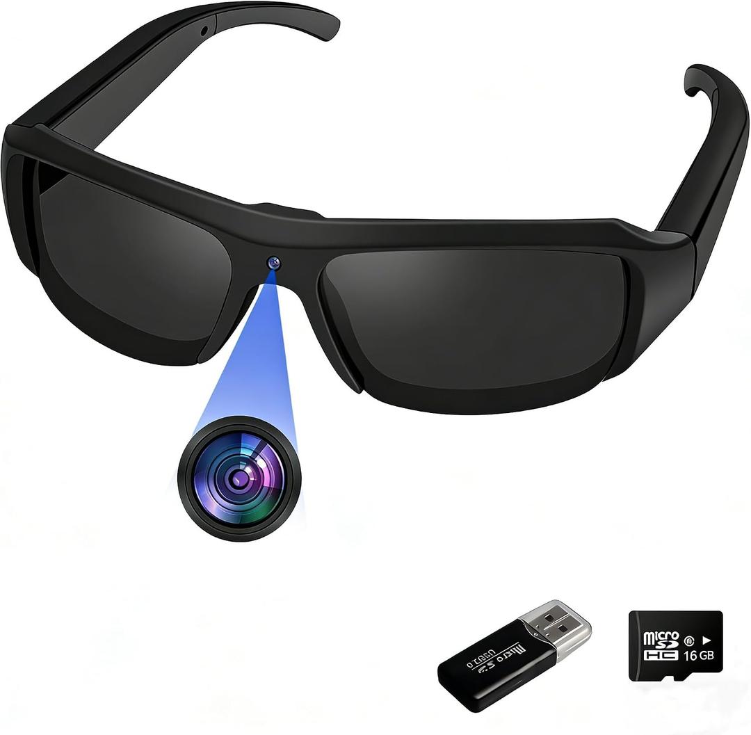 Camera Sunglasses Sports Action Glasses Camera 1080P Video Camera Glasses UV Protection Polarized Lens Support Photos/Videos Recording mit 16GB Micro SD Card and Card Reader for Outdoor Activities
