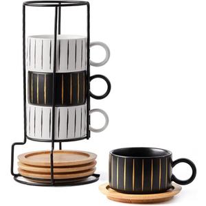 LUKA Porcelain Espresso Cup with Saucer and Metal Stand, 6 Ounce Stackable Ceramic Demitasse Espresso Mugs Cappuccino Cups Set for Latte,Coffee,Cafe Mocha,Tea(Set of 4) (Black & White Stripes)