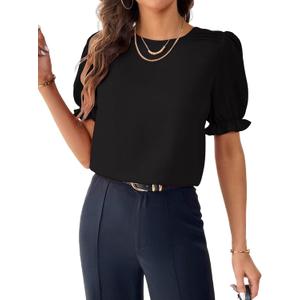 Samefar Womens Tops Dressy Casual Crewneck Ruffle Short Sleeve Shirts Summer Loose Flowy Work Chiffon Blouses Clothes (Blue, XXL)