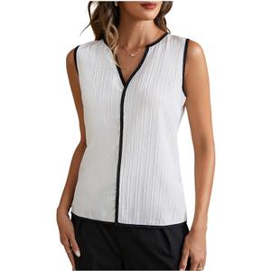 winkbay Women's Notch V Neck Sleeveless Elegant Blouse Work Office Summer Tops White Large