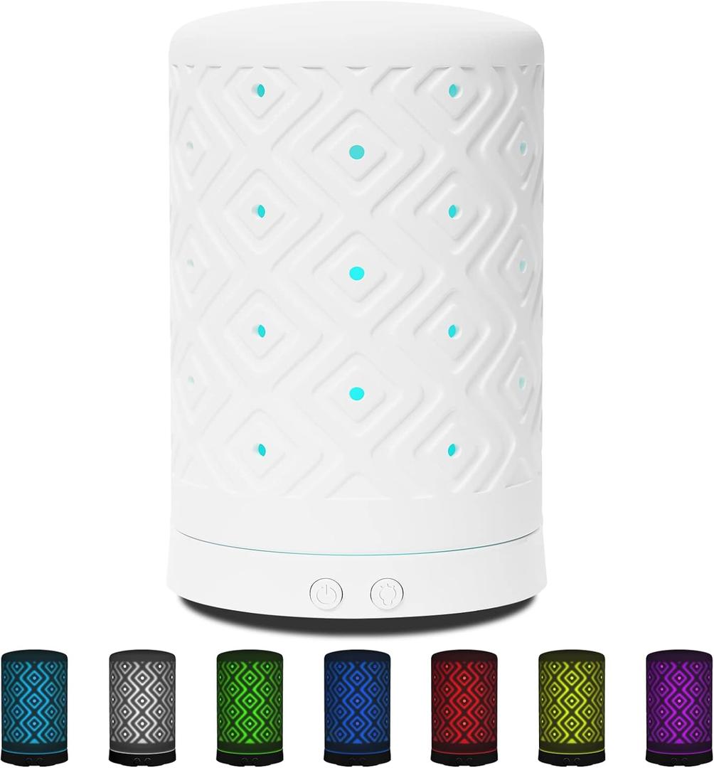 Essential Oil Diffuser Home Fragrance Aromatherapy Diffuser with 7 LED Color Changing Light and Auto Off Safety Switch Light Ceramic Diffuser White