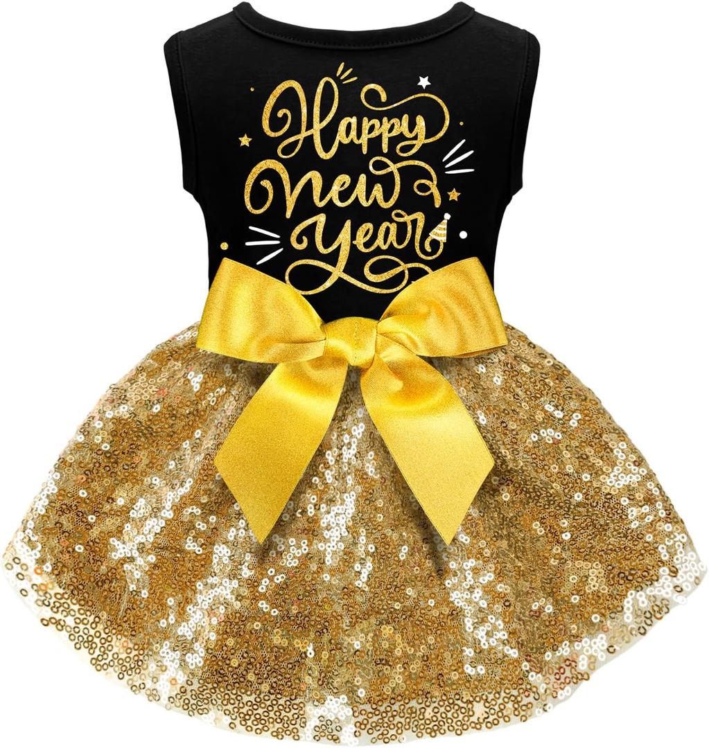 Dog Happy New Year Outfit Dog Dress New Years Pet Costumes for Dogs Funny Puppy Dress with Bow for Small Medium Dogs Girls Cats