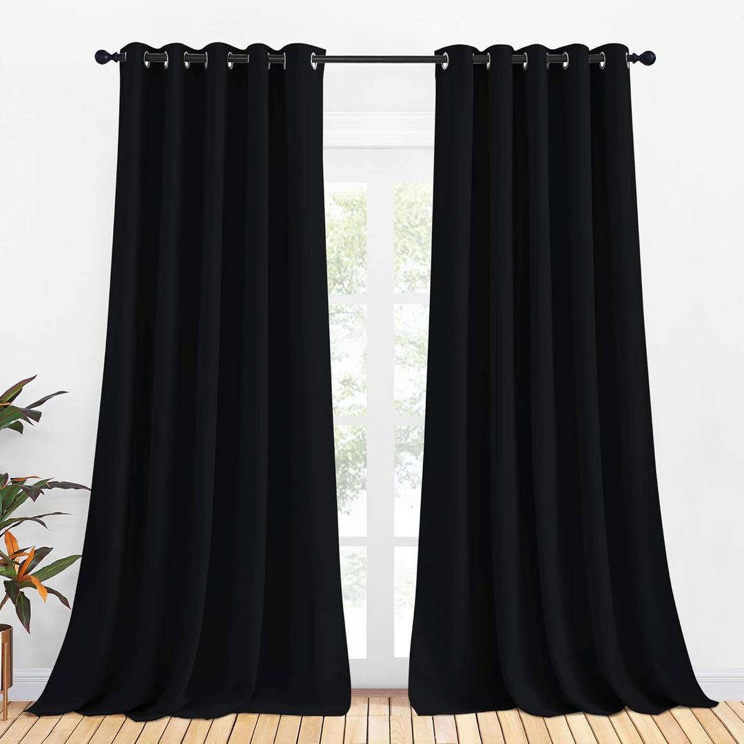 NICETOWN Blackout Draperies Window Curtain Panels, Autumn/Winter Thermal Insulated Solid Grommet Blackout Curtains/Drapes for Cafe (Set of 2, 70 inches by 108 inches, Black)