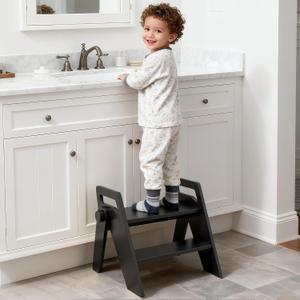 Toddler Kids Step Stool: Wooden 2 Step Stool for Bathroom Sink Kitchen, Foldable with Side Handles, 300 lbs Capacity, Non-Slip A-Frame, Black