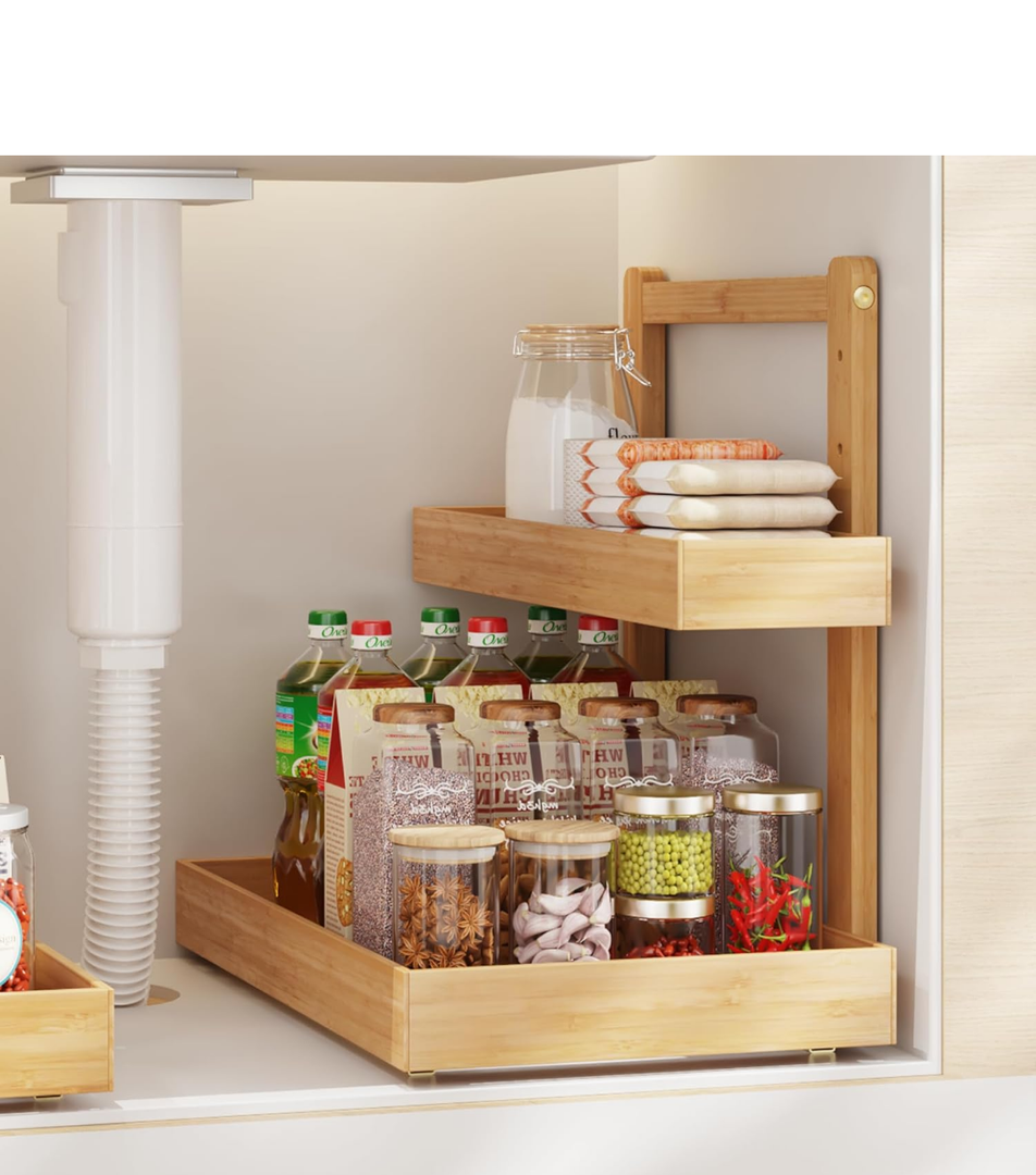 Bamboo Under Sink Organizer and Storage, 2 Tier Pull Out Cabinet Organizer, Slide Out Under Sink Storage Shelf, Undersink Organizers Shelves for Kitchen Bathroom Organization (Nature, 1 Pack)