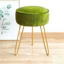 LUE BONA Pleated Vanity Stool, Velvet Upholstered Vanity for Makeup Room, Round Mondern Stool for Vanity, Ottoman Footrest with Metal Legs for Living Room, Bedroom, Matcha Green