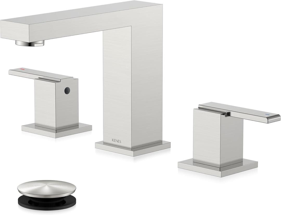KENES Brushed Nickel Widespread Bathroom Faucet 2 Handle Bathroom Sink Faucet 3 Hole, 8-Inch 3 Pieces Vanity Faucet with Pop Up Drain & Supply Lines, KE-9050-P