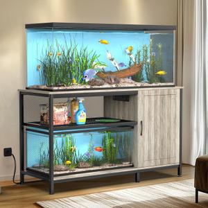 Tatub 55-90 Gallon Aquarium Stand with Power Outlets, Large Fish Tank Stand with Cabinet for Accessories Storage, Heavy Duty Metal Fish Tank Table Suitable for Turtle, Reptile, 1000LBS Capacity (51.6" W, Grey)