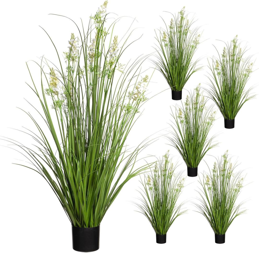 Ling's moment 31.5" Tall Artificial Grass Plants 6pcs Faux Shrubs Wheat Grass Fake Greenery Stem Onion Grass with Delphinium Flowers UV Resistant for Home Decor Wedding Garden Room Outdoor Office