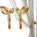 Antique Gold Leaf Curtain Holdbacks, Set of 2 - Wall Mounted Metal Tiebacks, Hooks for Heavy Duty Drape, Ease of Installation