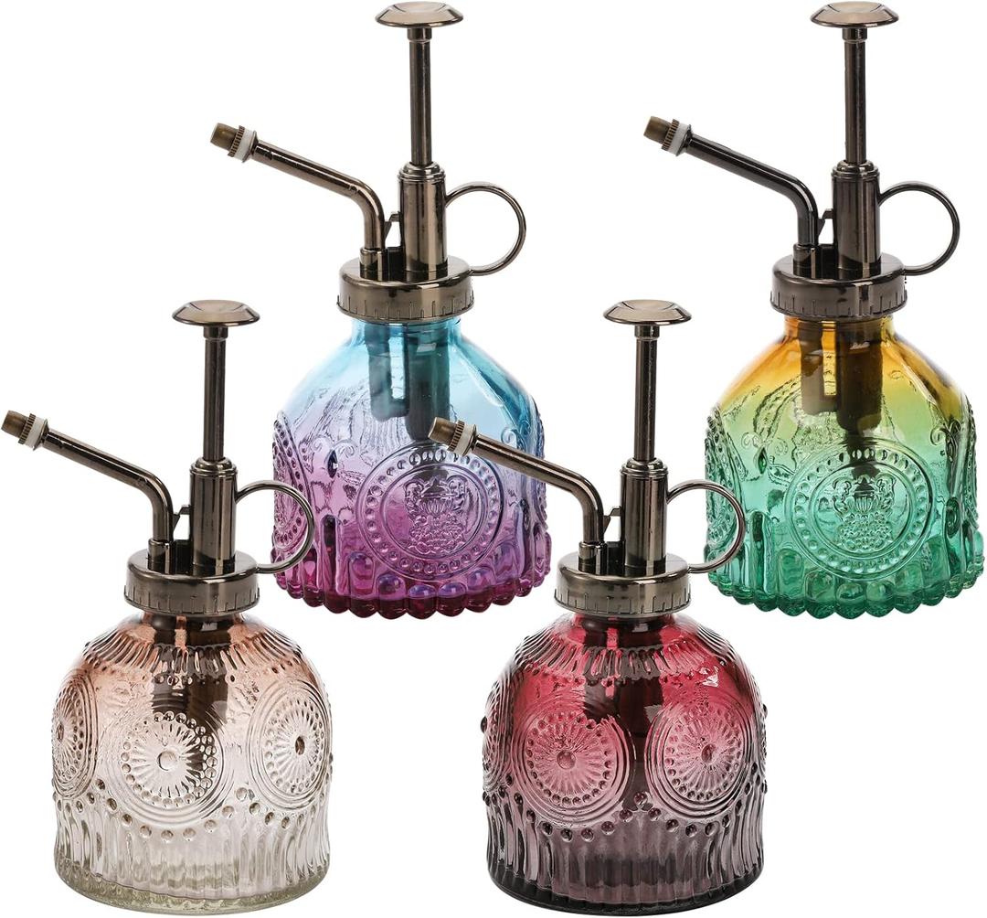Frcctre 4 Pack Glass Plant Mister Spray Bottle, Vintage Spray Bottle with Bronze Plastic Top Pump, 6.3 Inches Decorative Fine Mist Spritzer Watering Can for Indoor Outdoor Succulent Plant Garden