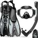 KUYOU Mask Fins Snorkeling Gear for Adults - Wide View Anti-Fog Mask, Full Dry Top Snorkel Gear Set (Small/Medium With Fins, Metallic Black)