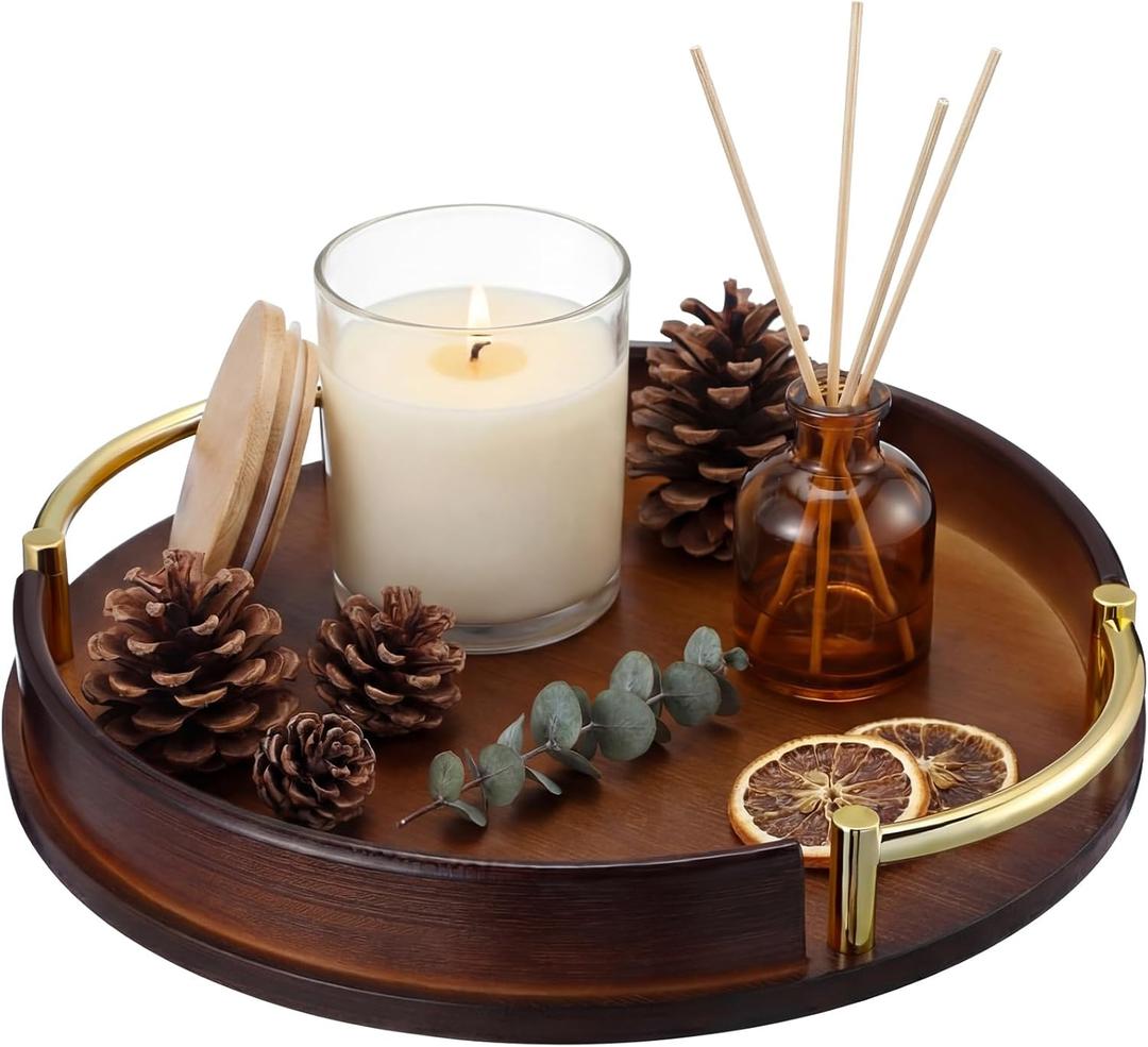 11.6 Inch Serving Tray with Handles Decorative Bamboo Tray Round Jewelry Trinket Trays for Kitchen Multipurpose Kitchen Organizing Home Decor (Brown)