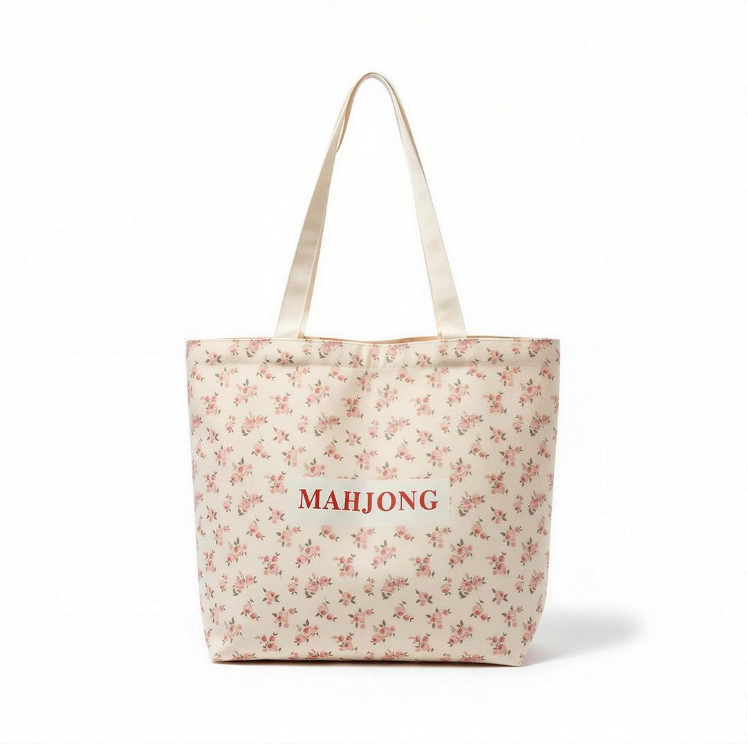 Mahjong Tile Bag Spacious Durable Floral Canvas Tote, Fits Full Mahjong Tile Sets & Racks, Portable Mahjong Accessories Carrier for Game Nights & Travel, 15.7 x 3.9 x 11.8 inch (Pink)