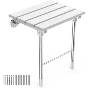 Folding Shower Seat, Wall Mounted Bathroom Safety Stool Chair with Support Legs, Foldable Wall Wood Shower Bench for Seniors (White)